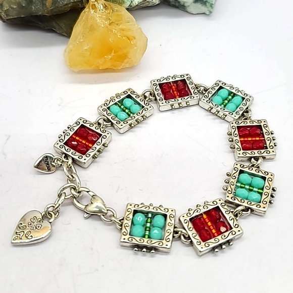 Brighton "BEDAZZLED" Red & Turquoise Crystal Beads & Heart Charm Link Bracelet! - Picture 3 of 10
